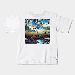 Metamorphosis Skies: A Surreal Landscape of Birds, Fish, and Reptiles in Transformation Kids T-Shirt